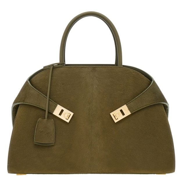 Ferragamo green top handle handbag with gold hardware detailing