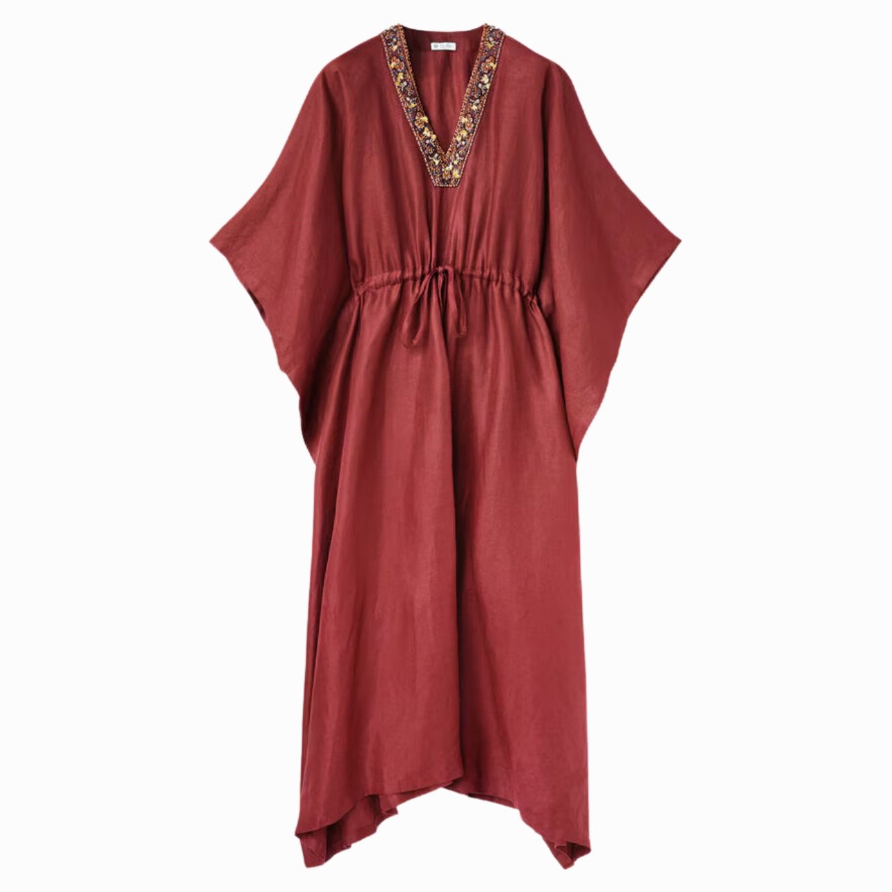 Loro Piana red linen dress with beaded v neck collar