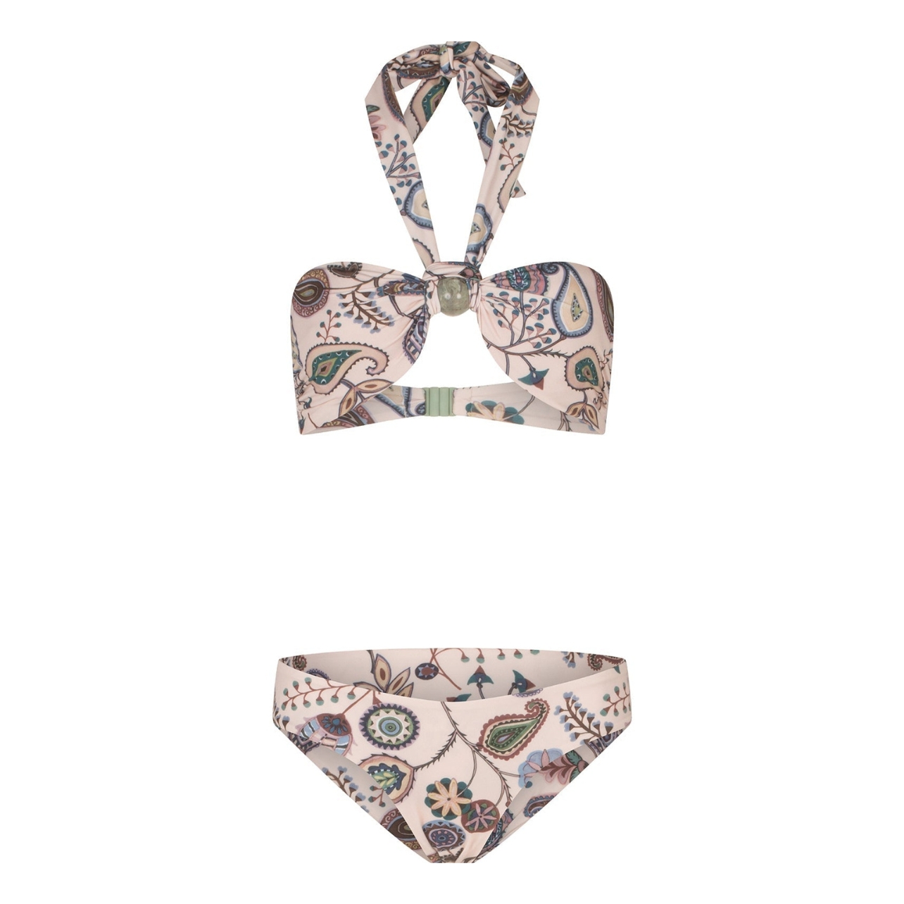 beige, printed halter bikini top and matching bottom