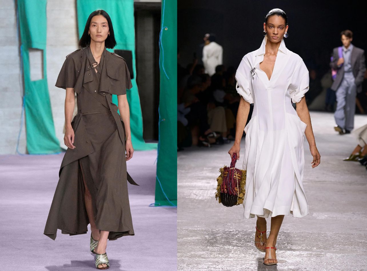 Collage of looks from the Bottega Veneta and Burberrys Spring Summer 2024 fashion week runway shows