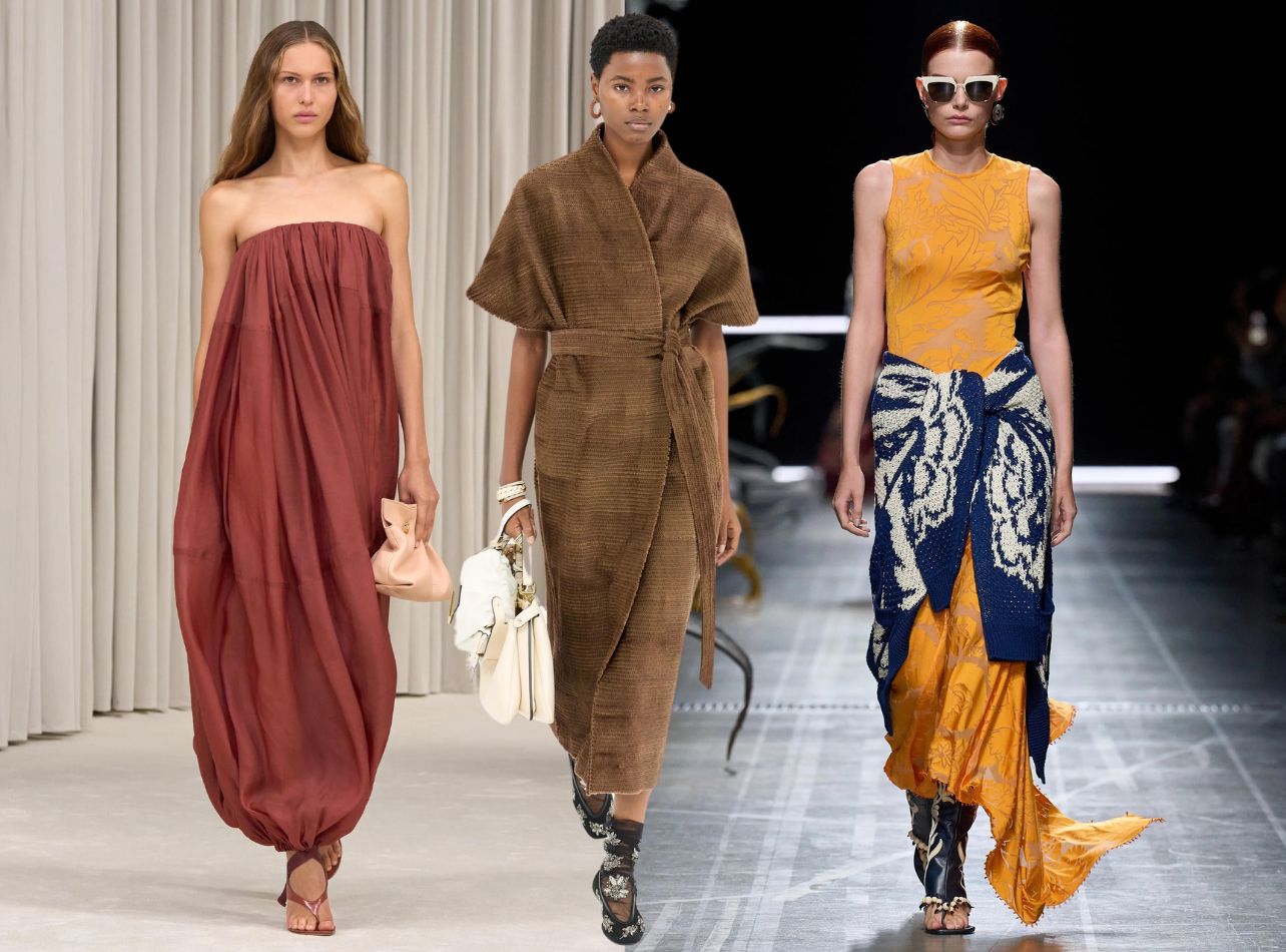 Collage of looks from the Ferragamo, Etro and Fendi Spring Summer 2024 fashion week runway shows