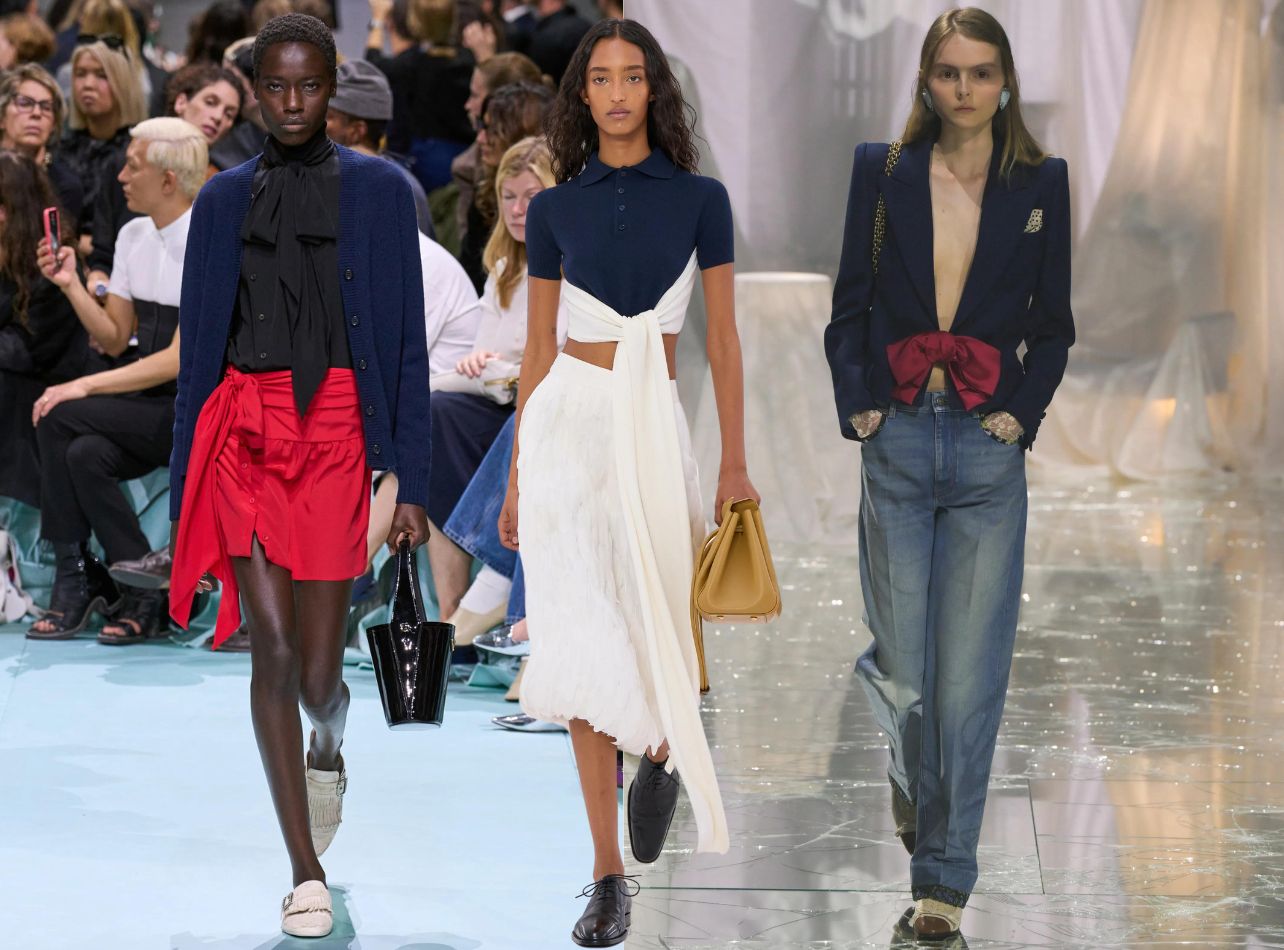 Collage of looks from the Loewe, Prada and Valentino Spring Summer 2024 fashion week runway shows