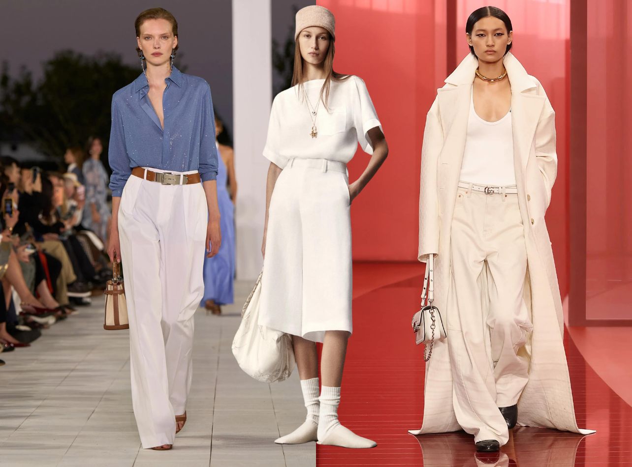 Collage of looks from Ralph Lauren, Loro Piana and Gucci Spring Summer 2024 fashion week shows and presentations