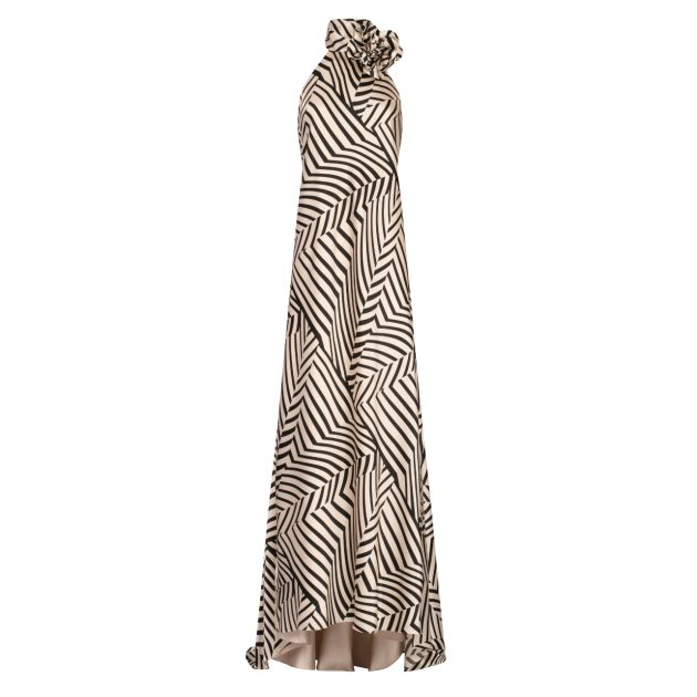 Silvia Tcherassi black and cream striped long dress with floral detailing on the neck