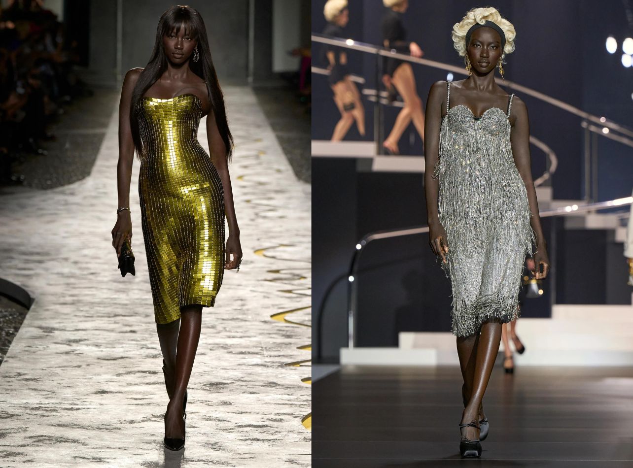 Collage of looks from the Versace and Dolce & Gabbana Spring Summer 2024 fashion week runway shows