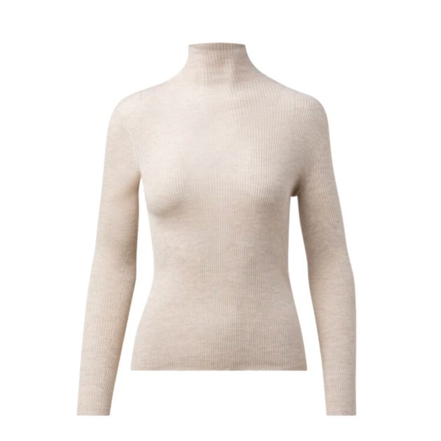 Akris cream long sleeve ribbed pullover cashmere shirt with mock neck