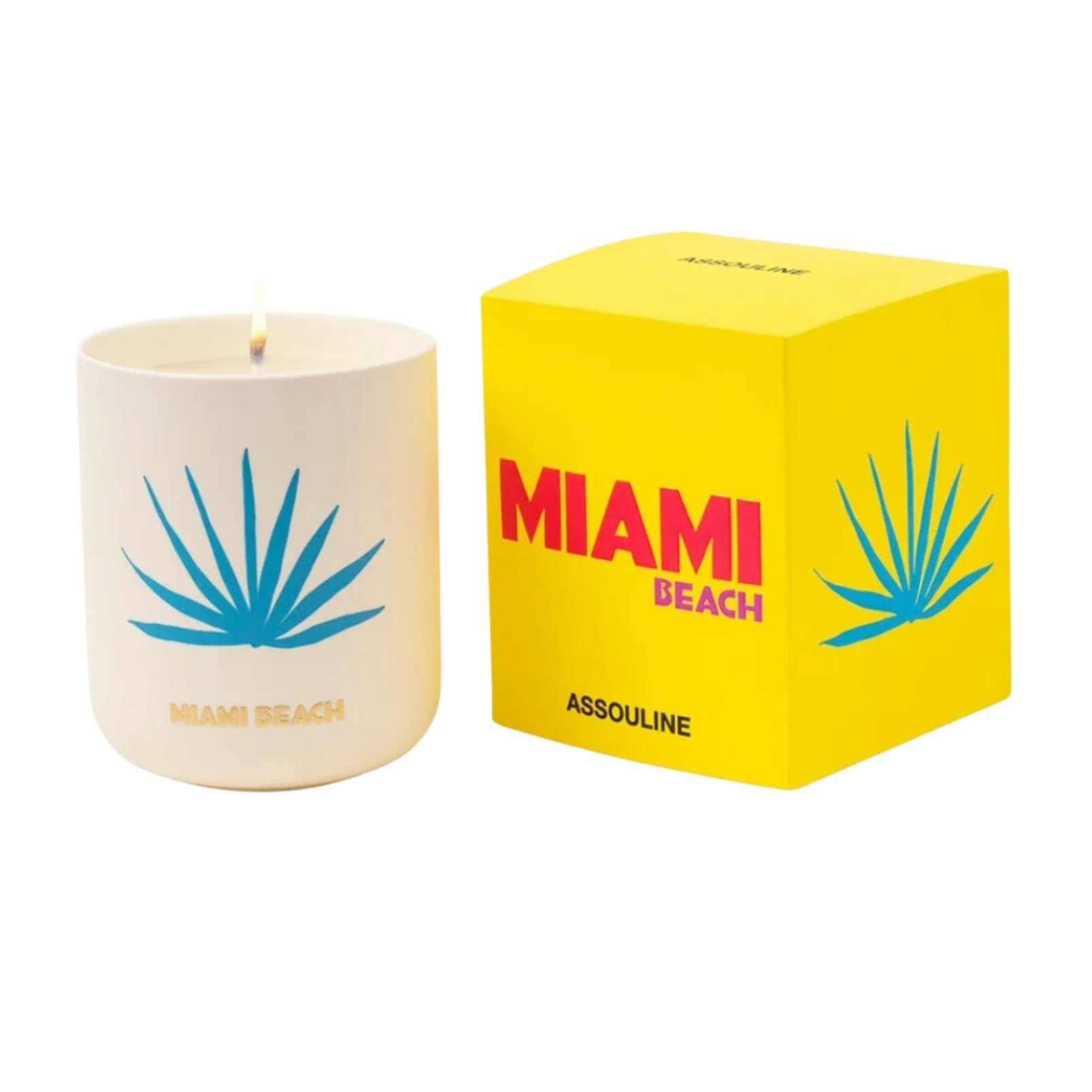 Assouline miami candle with yellow box and blue print