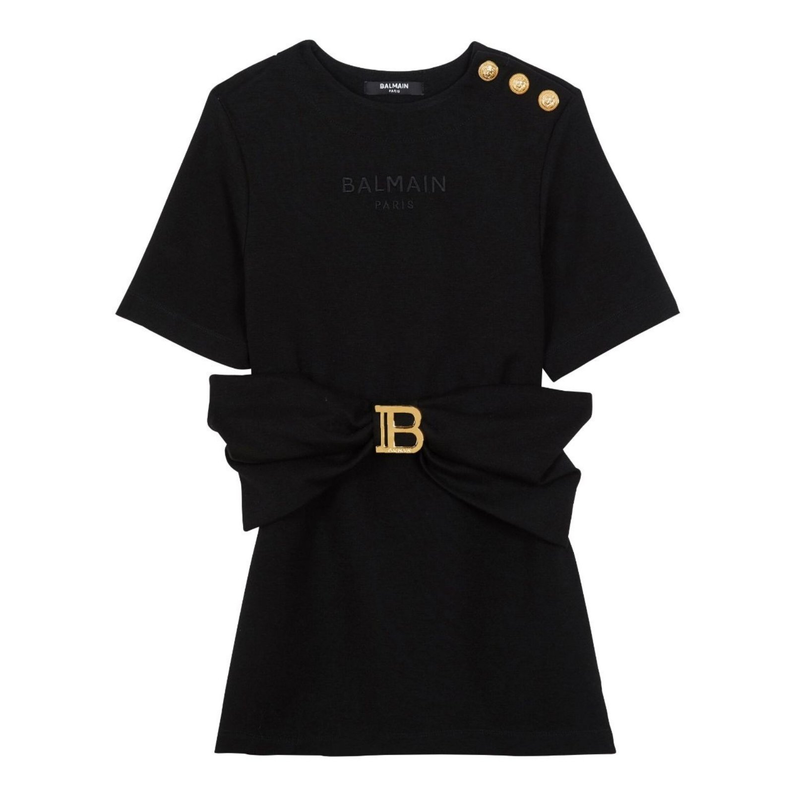 Balmain black dress with bow and gold B