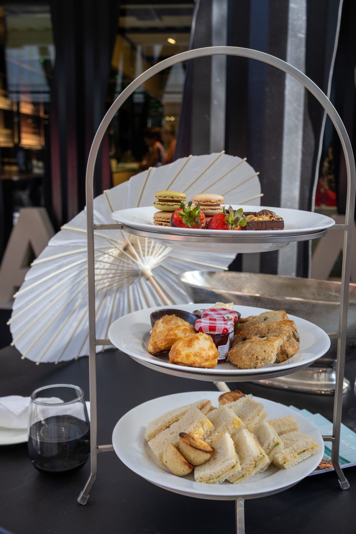 Table setup with a high tea three-tiered tray