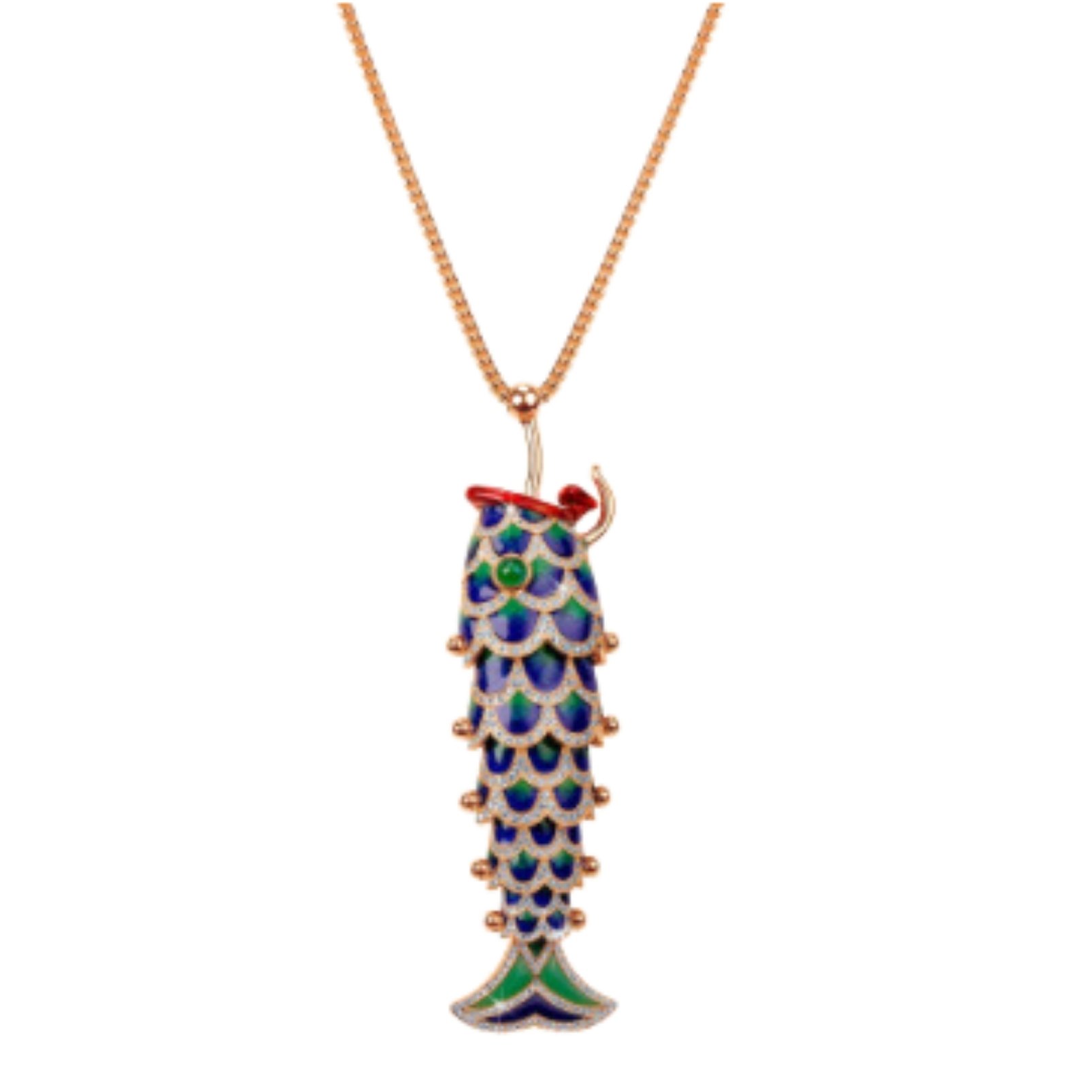 Jacob & Co. gold necklace with multi color fish with hook