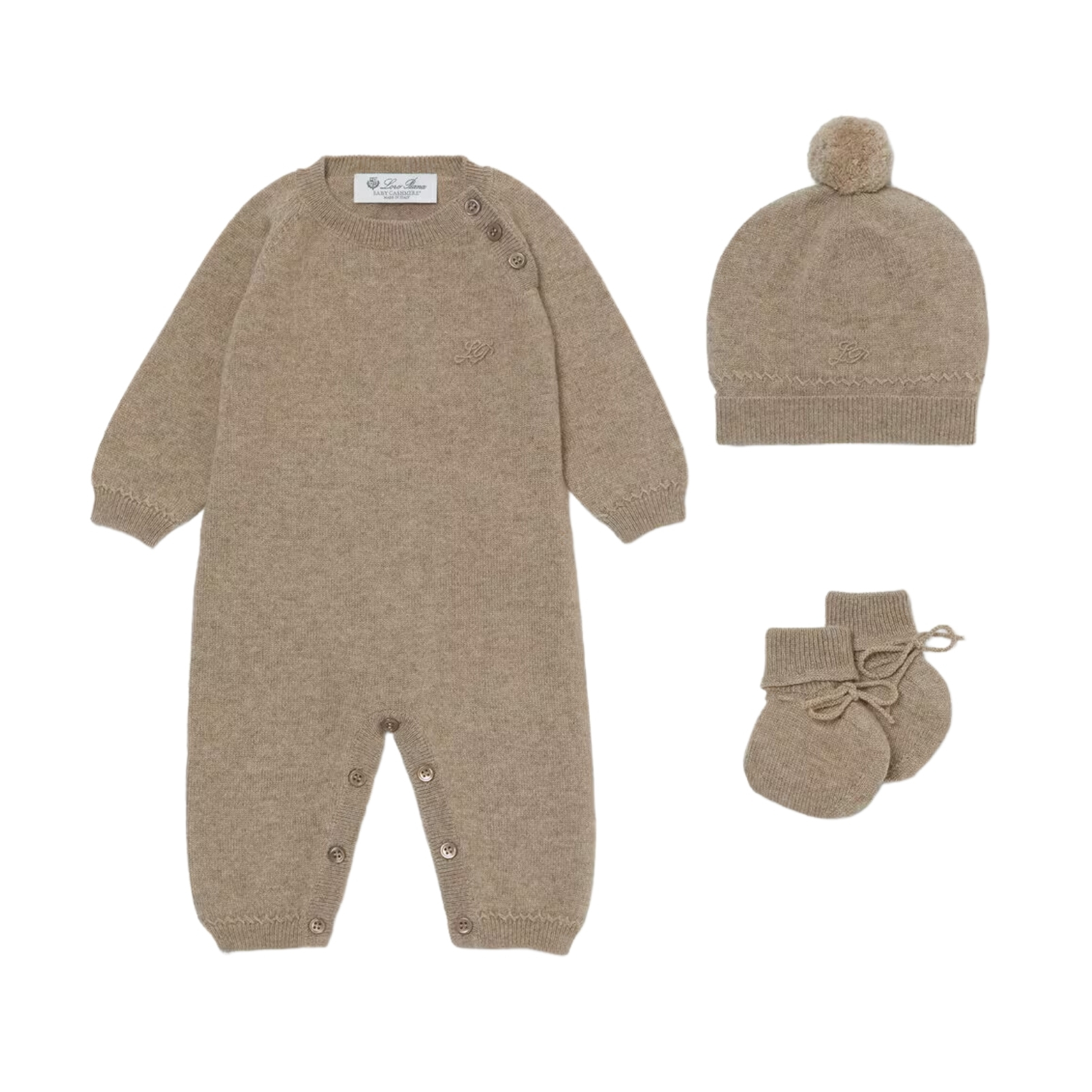 Loro Piana tan baby set with hat, mits and a full outfit