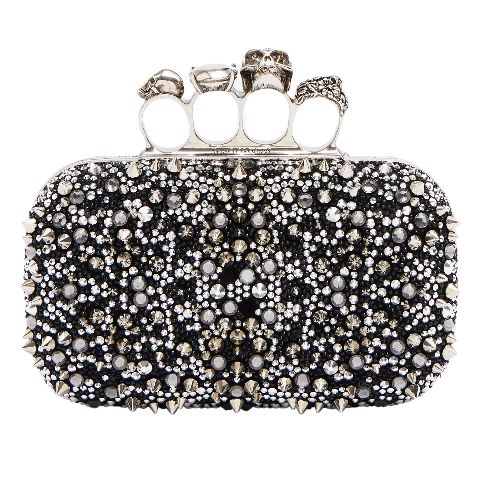 McQueen black and silver crystal clutch with silver skull ring holder