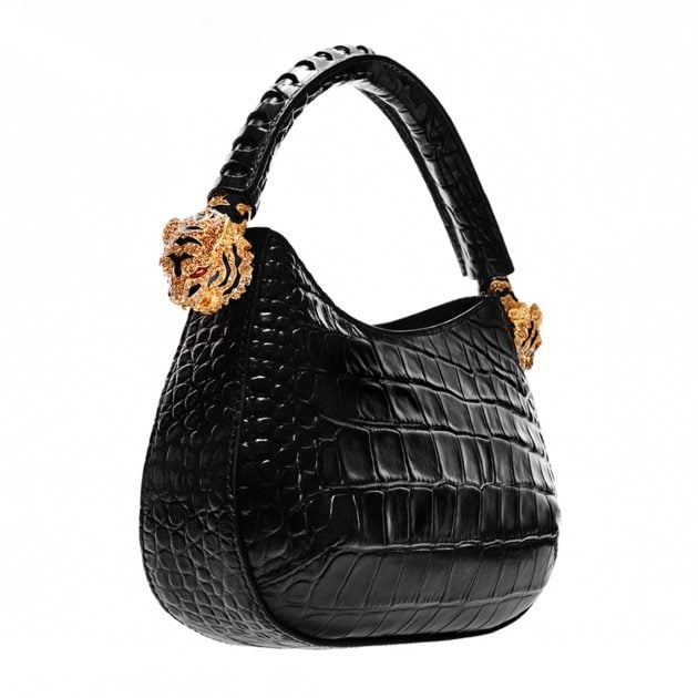 Roberto Cavalli black croc leather bag with gold crystal tiger heads on the side