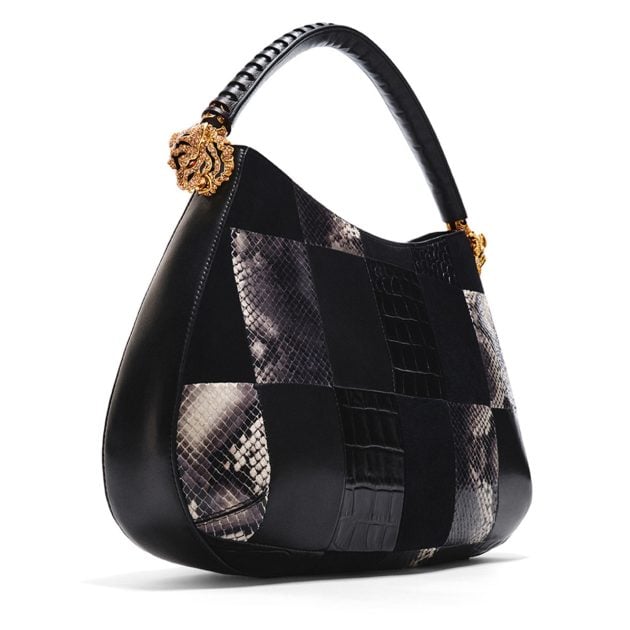 Roberto Cavalli top handle bag with patchwork print and gold crystal tigers on the sides