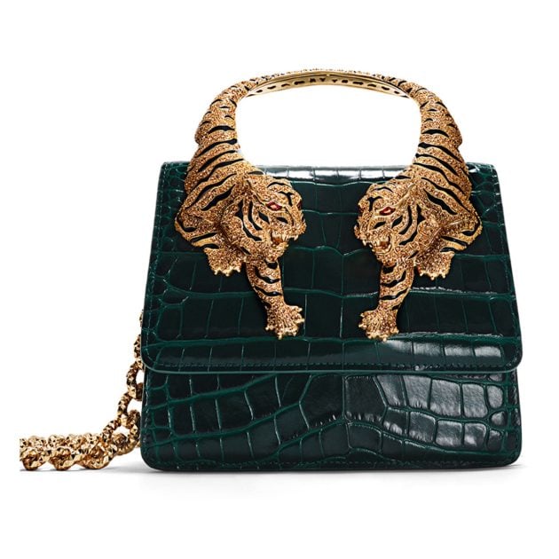 Roberto Cavalli green croc leather top handle bag with large gold crystal tigers