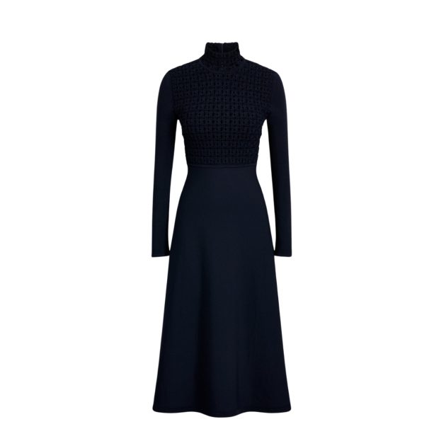 Scanlan Theodore navy crepe knit dress with long sleeves