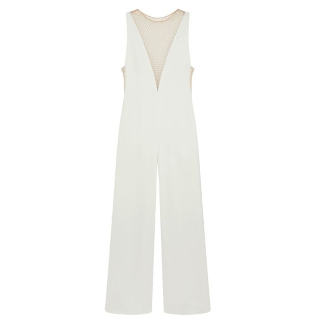 Stella McCartney white jumpsuit with gold crystal mesh V neck