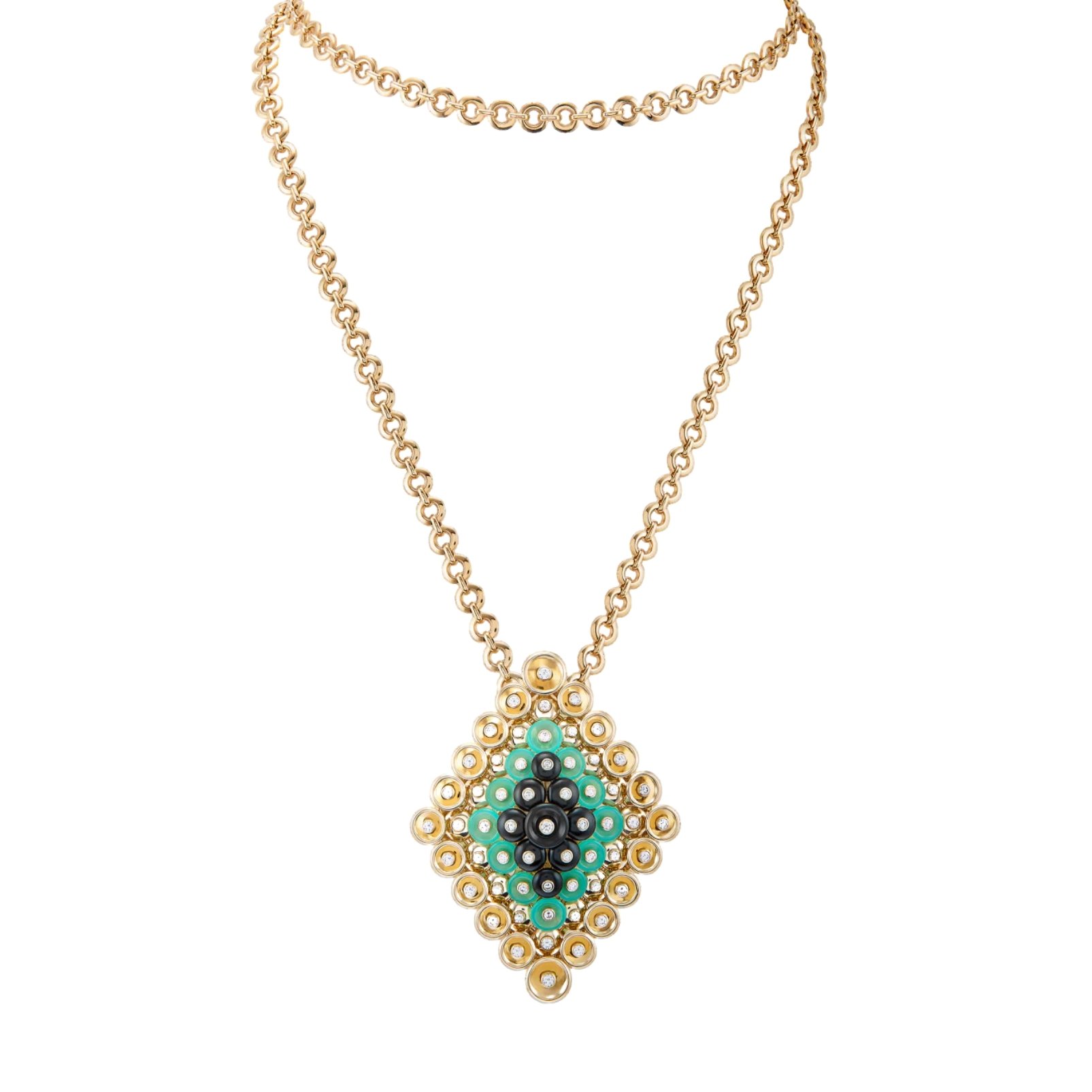 Van Cleef & Arpels pendant necklace with green, black and gold beads on a gold chain