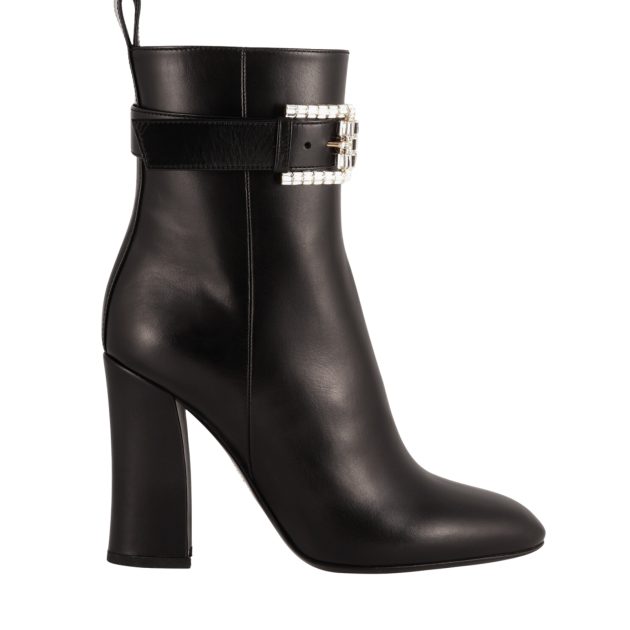 Rene Caovilla black leather boots with crystal embellishment on strap