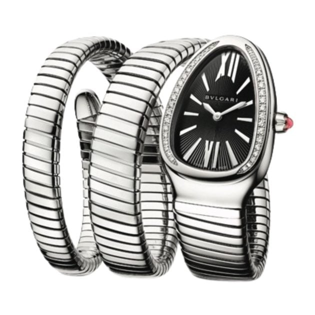 Bvlgari stainless steel with diamonds wrap watch with black dial