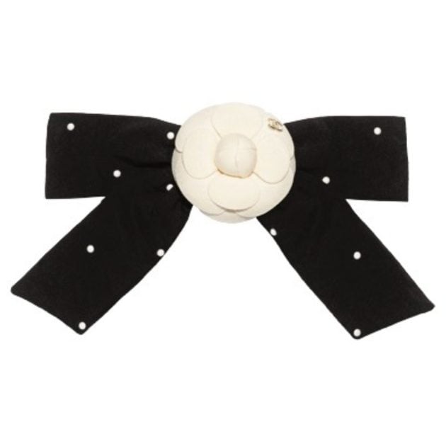 Chanel black silk hair clip with pearls and white flower in center