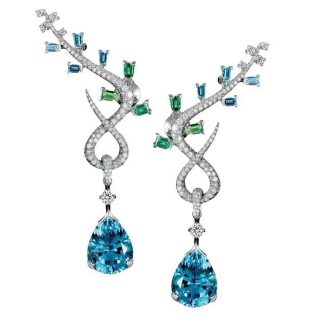 Davidor drop earrings with Aquamarines and Green Tourmalines, Brilliant Diamonds and Pear shape Aquamarines