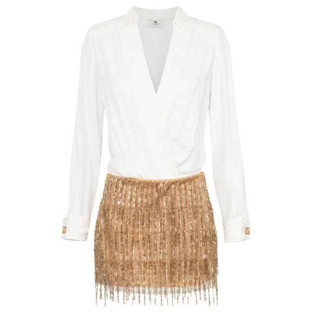 Elisabetta Franchi mini dress with white top and gold sequin bottom