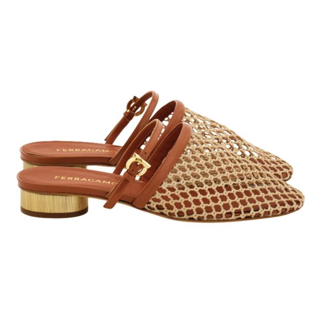 Ferragamo brown sandals with gold bottom and knitted front