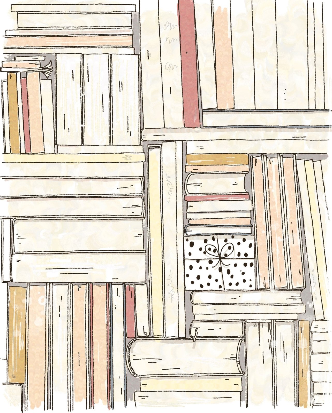 illustration of bookshelf with present in the middle