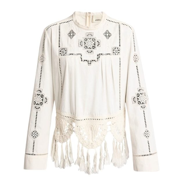 Isabel Marant white crochet fringe long sleeve blouse