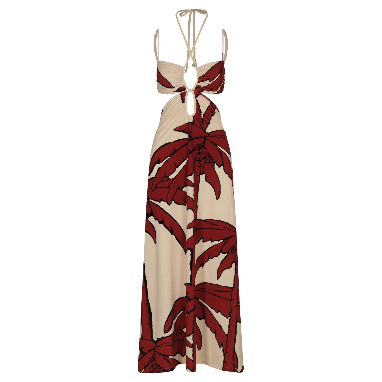 Johanna Ortiz palm tree print later dress in burgundy and cream