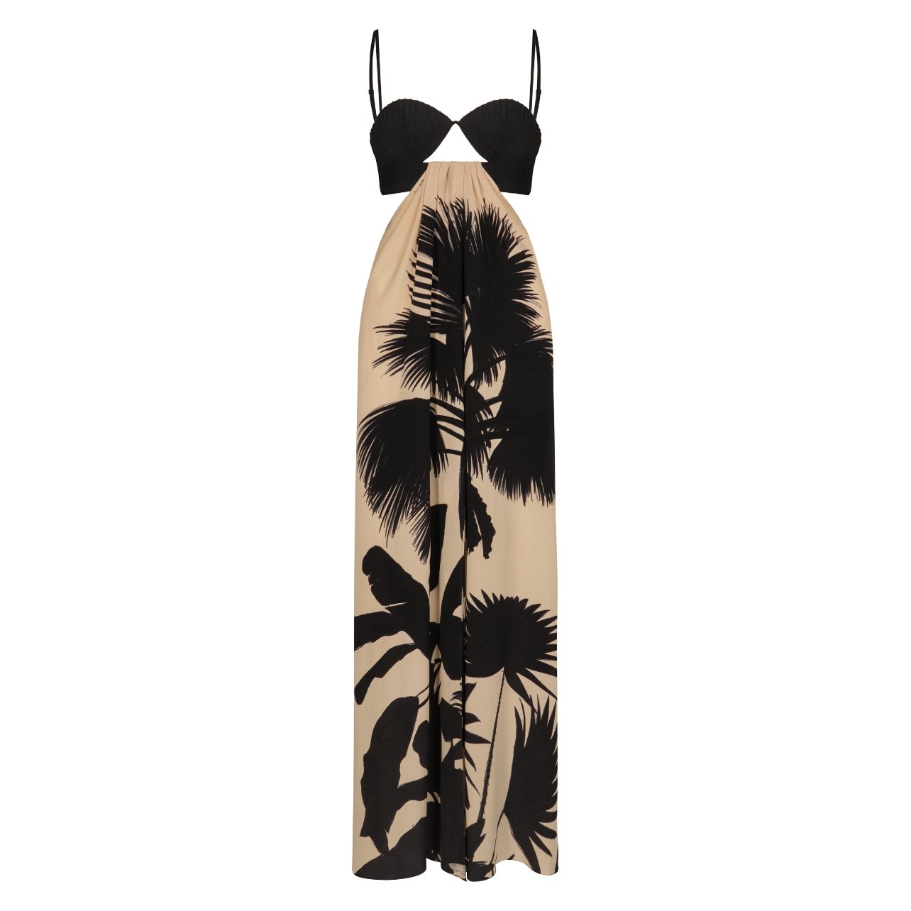 Johanna Ortiz long printed dress with black top and cream and black bottom