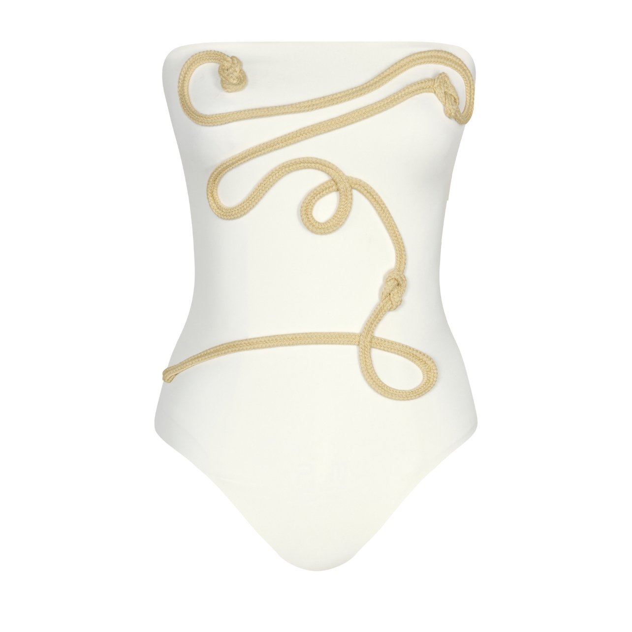 Johanna Ortiz white strapless one-piece bathing suit with gold rope running along front