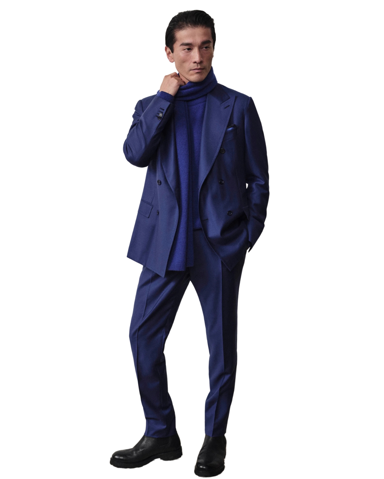 Brioni male model wearing a navy pant suit