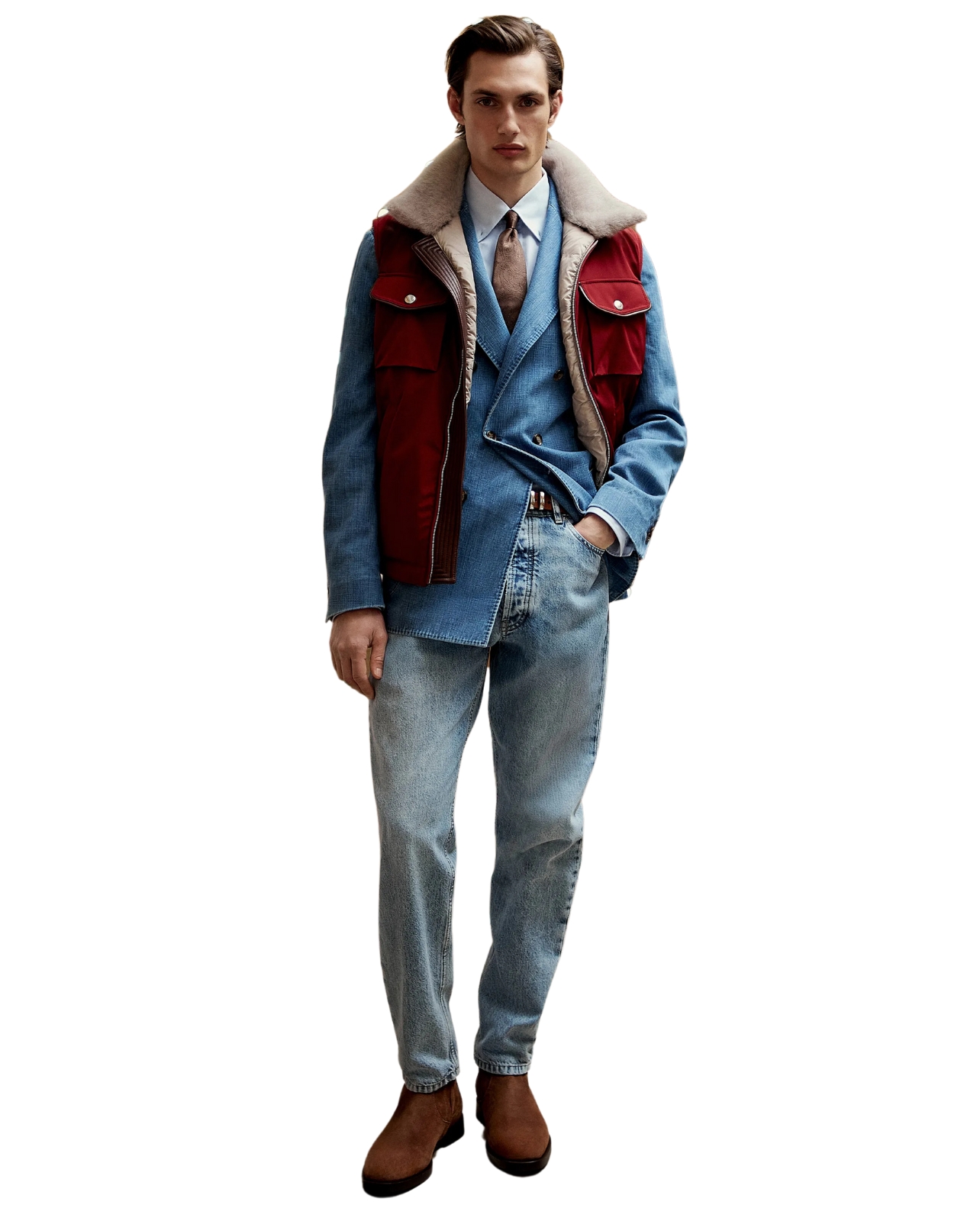 Brunello Cucinelli male model wearing jearns with a red vest and denim shirt underneath