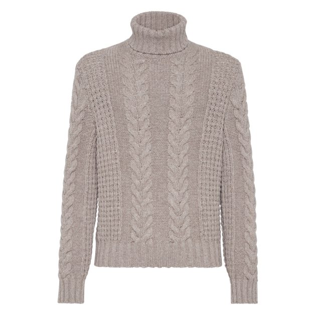 Brunello Cucinelli cream cable knit cashmere turtleneck sweater