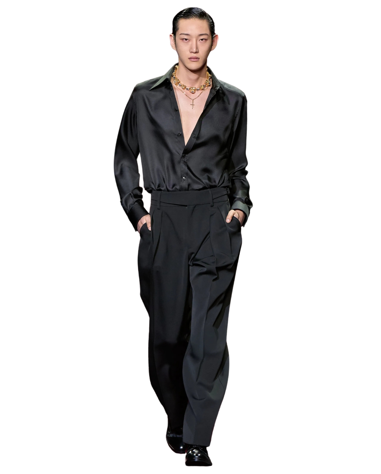 Dolce & Gabbana male model wearing all black silk shirt and pants