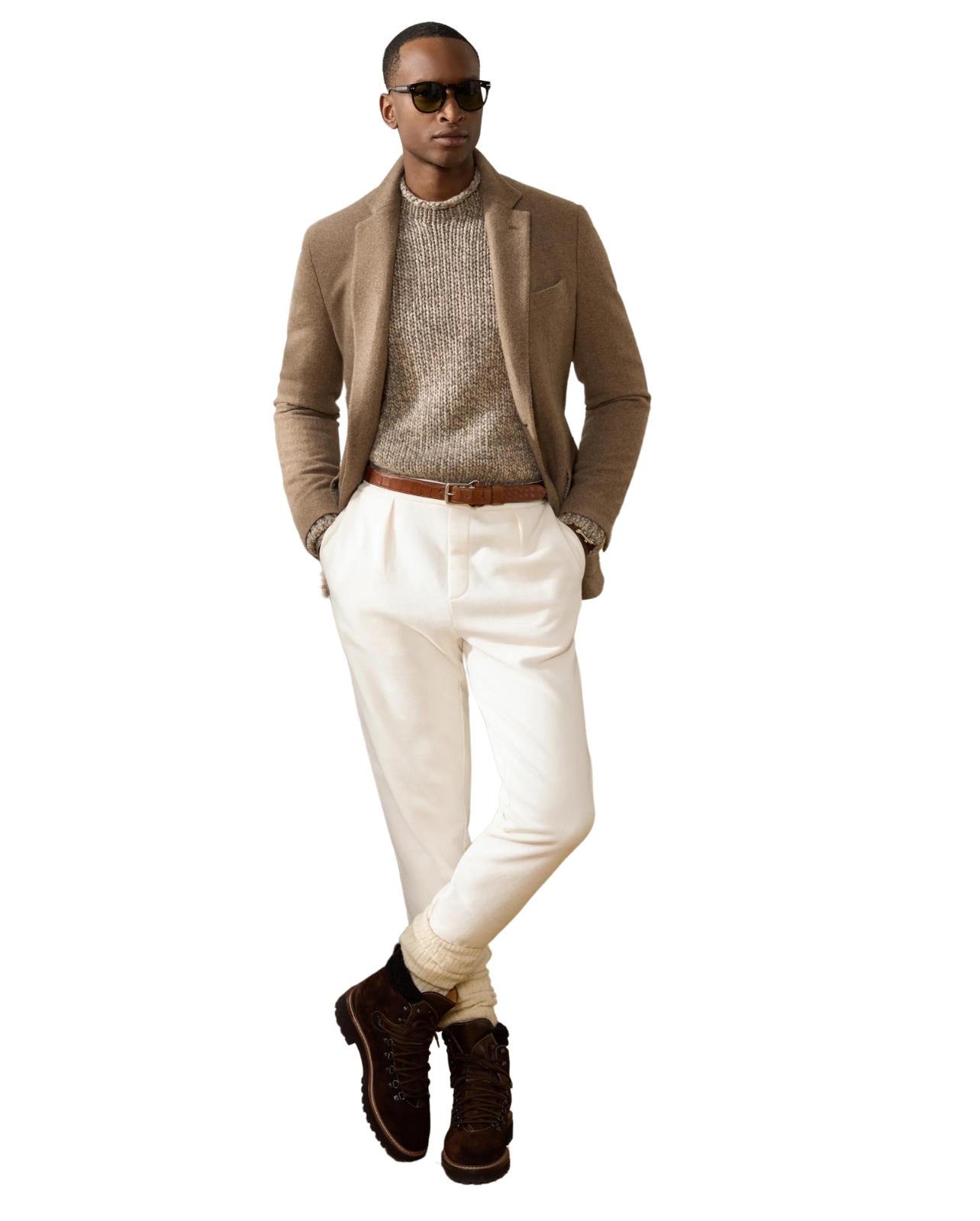 Ralph Lauren male model wearing white pants and a nude colored jacket and sweater underneath