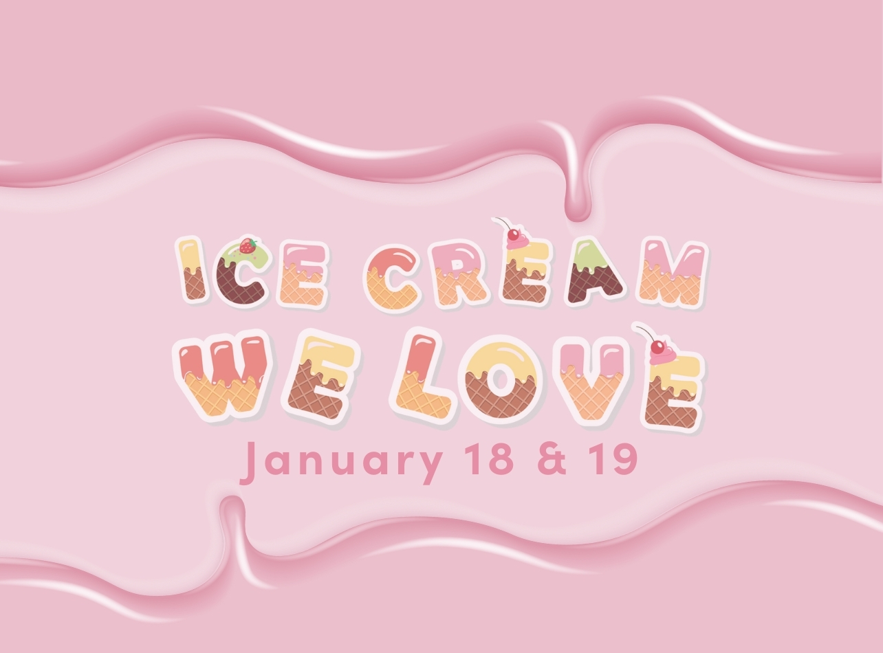 pink drip with ice cream we love and date listed on pink background