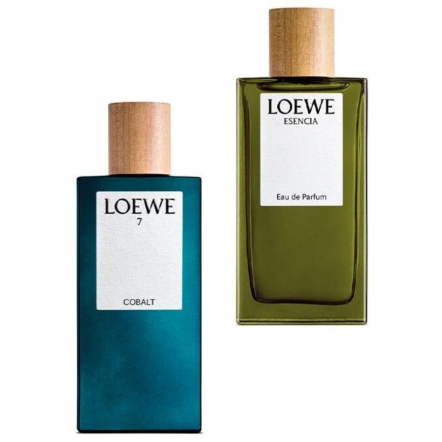 Loewe parfume bottles one in blue and the other in green