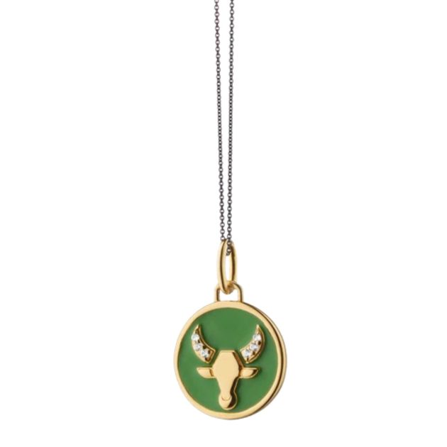 Monica Rich Kosann pendant necklace with gold and diamond bull and green enamel