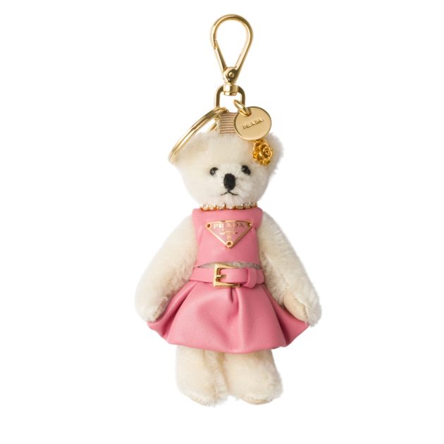 Prada teddy bear keychain in a pink dress