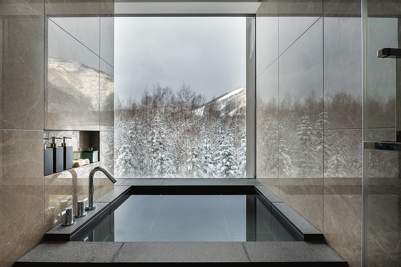 Bathtub with window showing snow covered trees