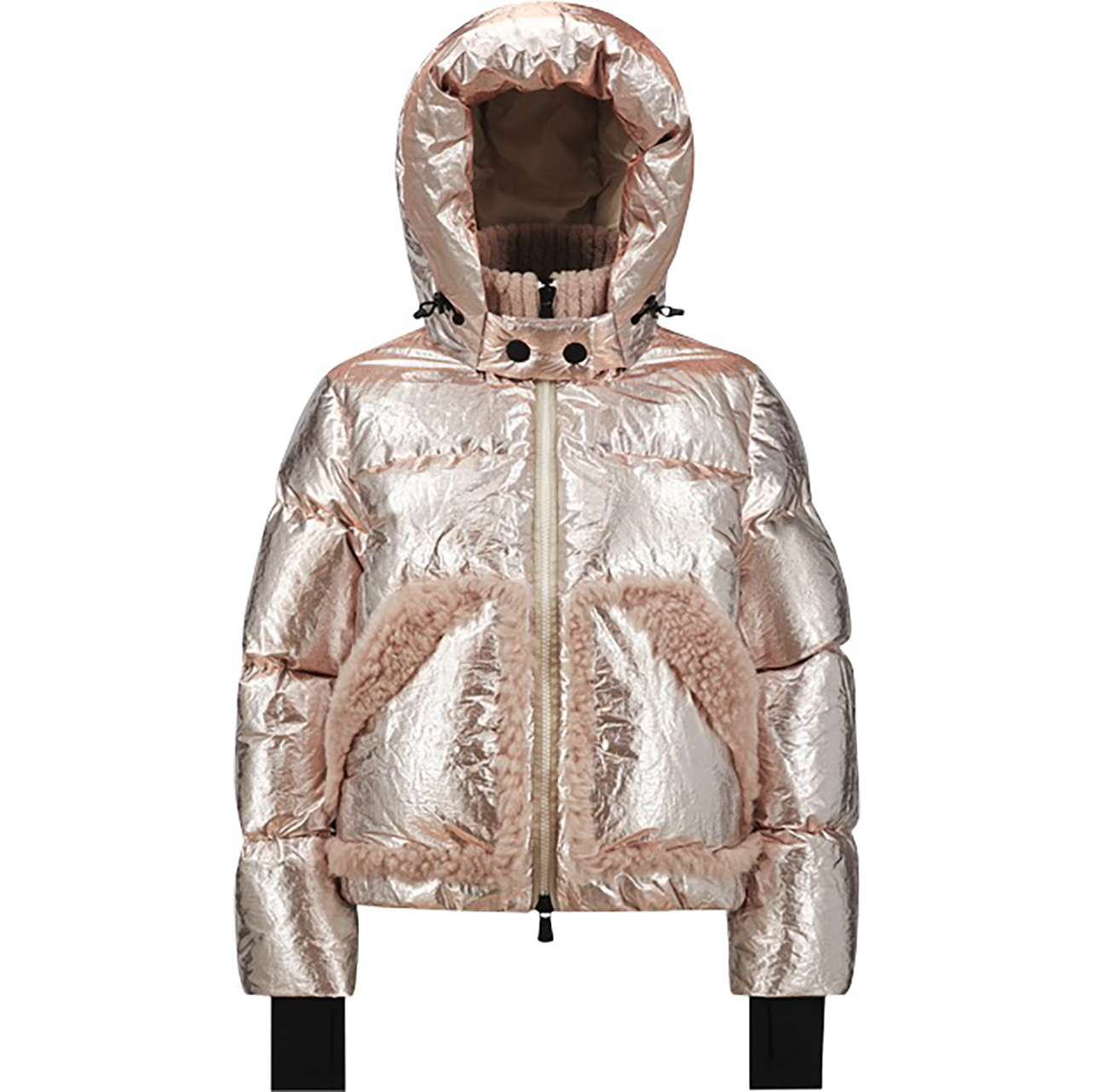 Moncler pink metallic puffer jacket with hood up