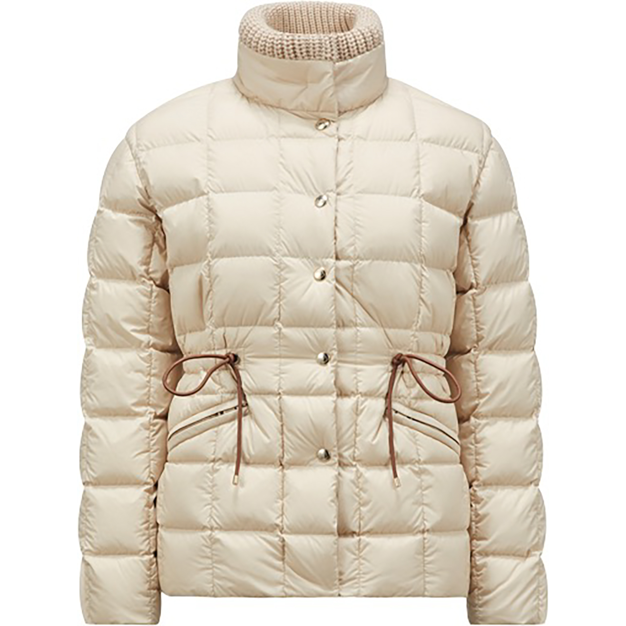 Moncler white puffer jacket with ties on left and right sides