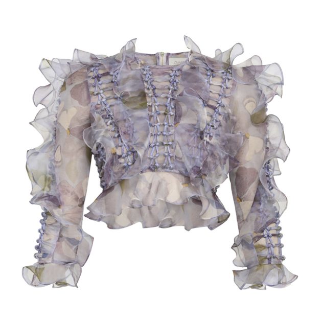 Zimmermann braided ruffle top in lilac with a floral pattern