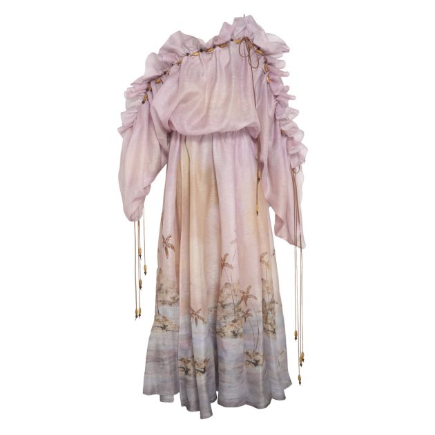 Zimmermann ruffle maxi dress in lilac with a palm tree seascape