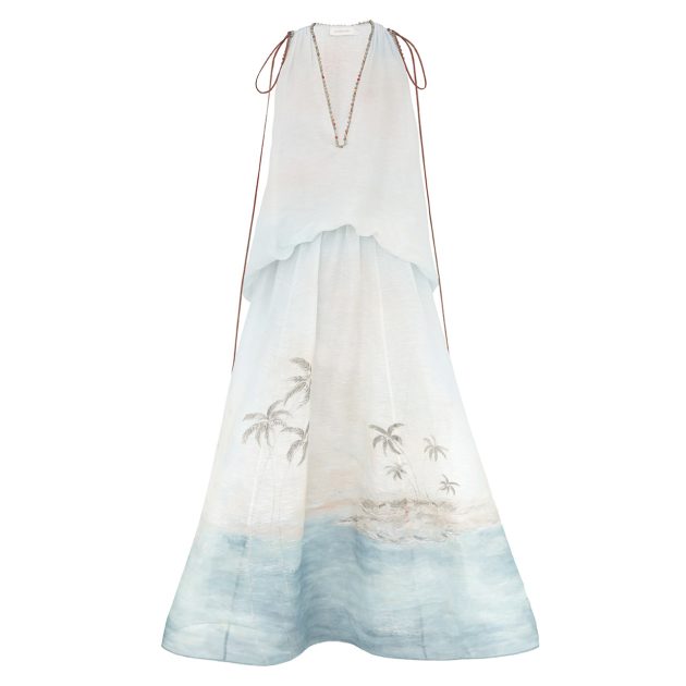 Zimmermann gown with palm trees and a blue seascape