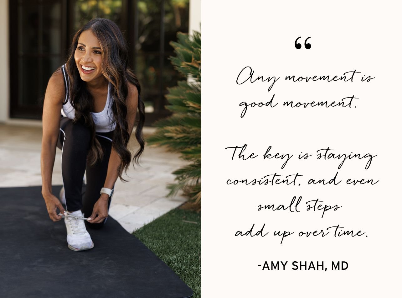 Amy Shah on yoga mat with quote to the right of portrait