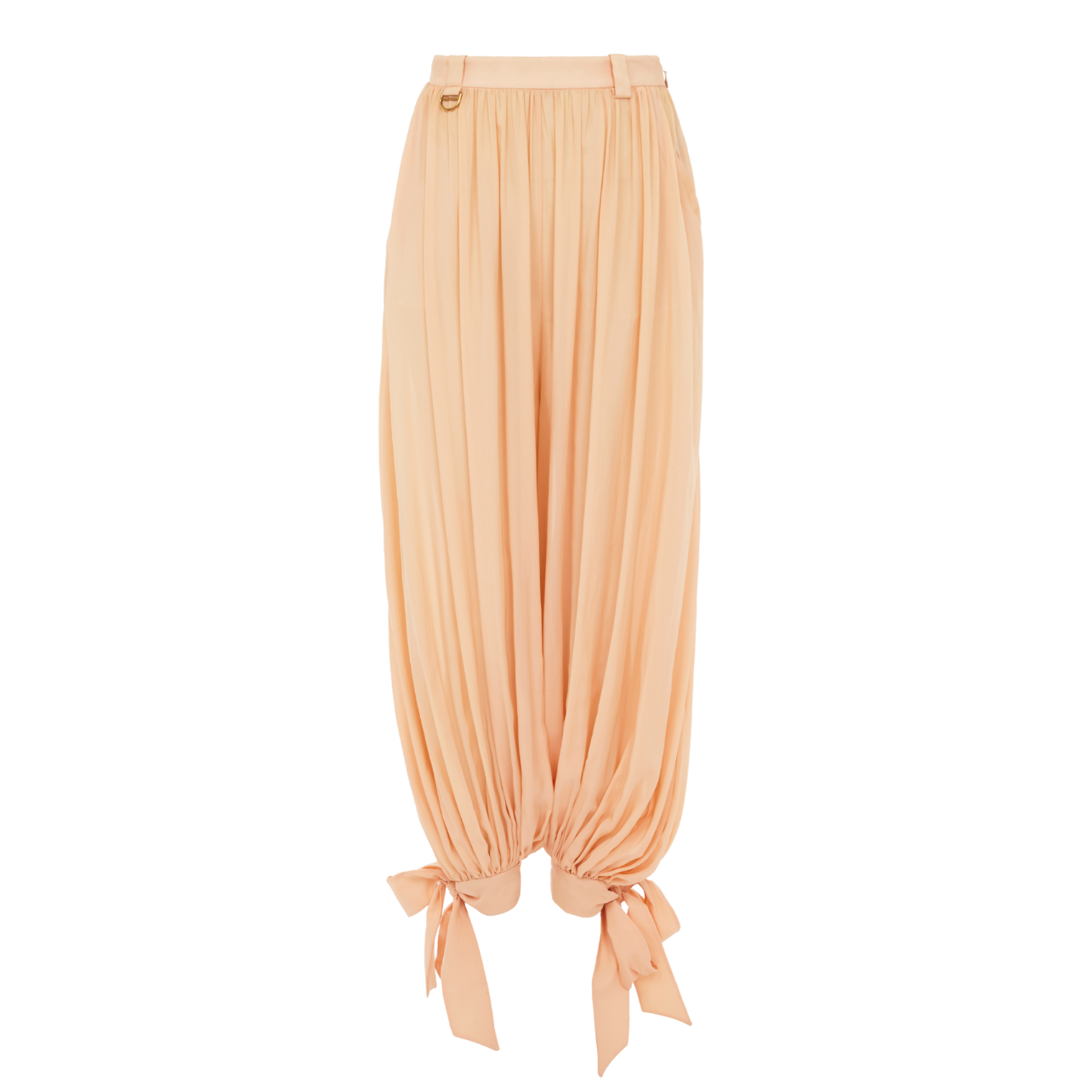 Chloe light coral silk pants with tie detailing on ankles